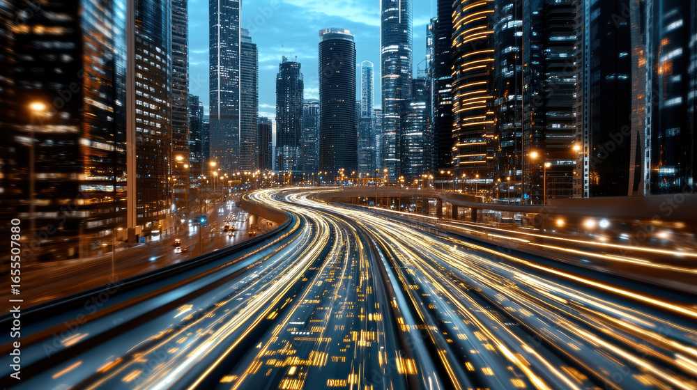 Fototapeta premium Dynamic cityscape with illuminated skyscrapers and light trails from vehicles