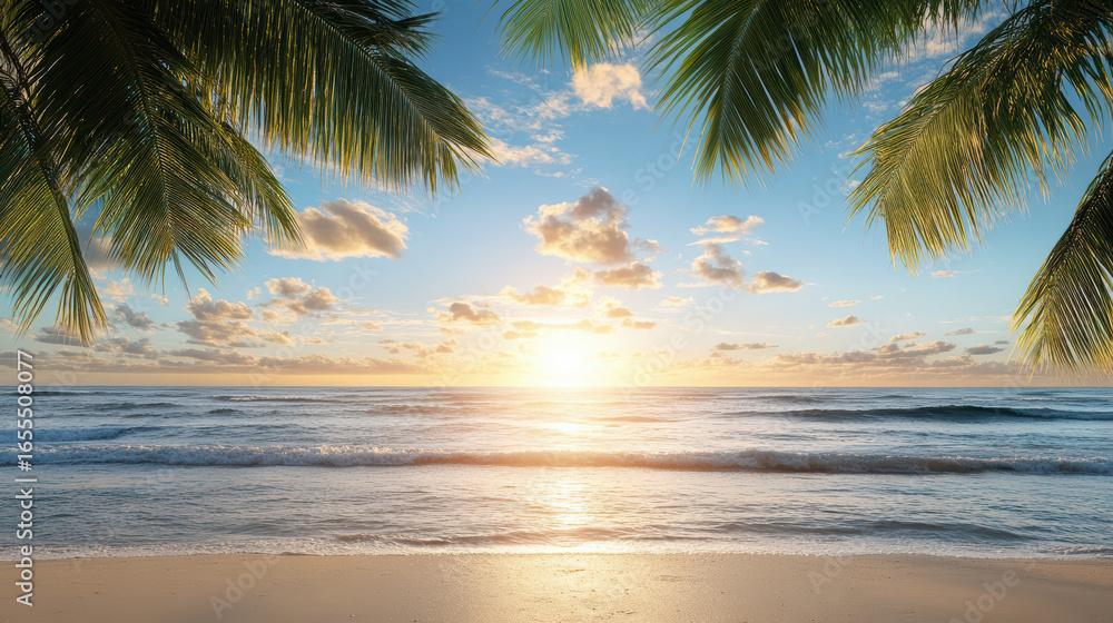 Obraz premium Sunset over ocean with palm leaves framing scene, creating serene atmosphere