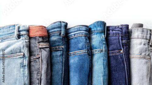 Row of folded denim jeans in various shades of blue and gray on white background
