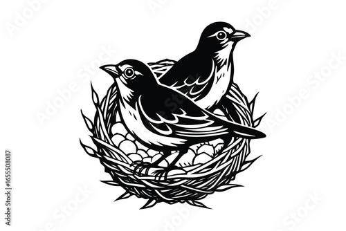 Two birds in a nest silhouette isolated on white background