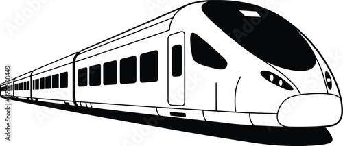 Modern high speed train, futuristic bullet train illustration, black and white vector design, fast railway transportation concept, sleek transport vehicle