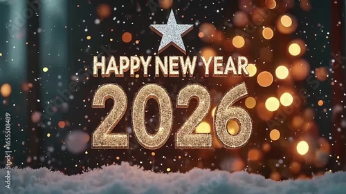 Glittery Happy New Year 2026 scene with golden text, star accent, bokeh lights, and snow foreground on festive background
