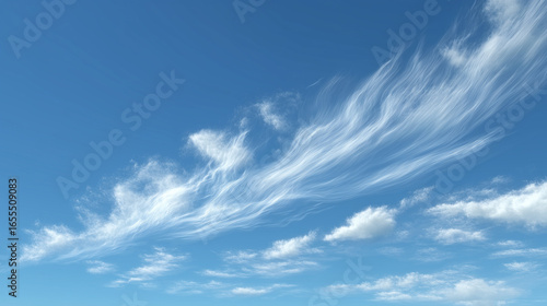 Wide angle view of a clear, bright blue sky filled with wispy, delicate white cirrus clouds, expressing high altitude, freedom, and serene, fair weather