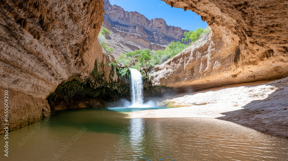 Naklejka premium Majestic waterfall cascading into serene pool surrounded by rocky canyon walls and lush greenery