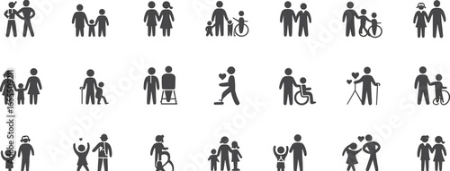 Family relationship care icons set, parents children grandparents disabled support love togetherness people community silhouette vector illustration