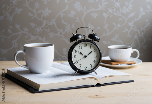 Alarm clock next to notebook and coffee cup on table