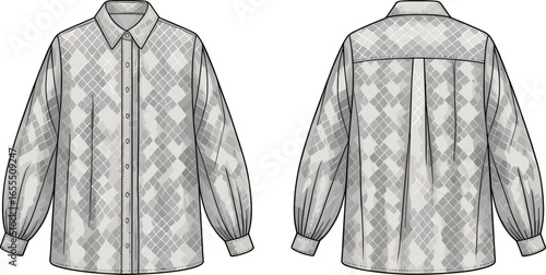 Long sleeve shirt front and back view, button down collar shirt design, fashion garment flat sketch, technical apparel illustration