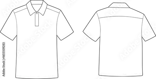 Polo shirt technical sketch, front and back view, garment flat drawing, fashion CAD template, vector apparel illustration, clothing design