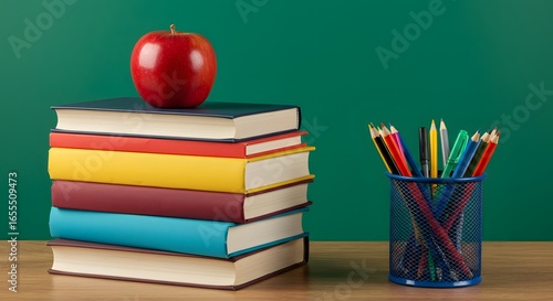 Wallpaper Mural A Vibrant Arrangement of School Supplies Highlighting an Apple on Colorful Books for Back to School Inspiration Torontodigital.ca