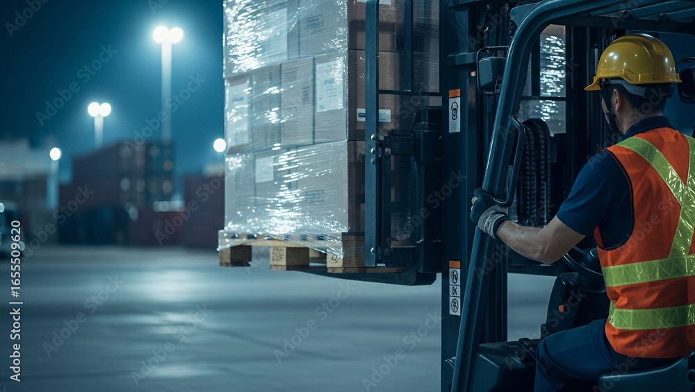 Fototapeta premium Worker operating a forklift moving stacked goods in a warehouse area at night, styled to emphasize cargo transport, heavy equipment operation, and logistics workflow.