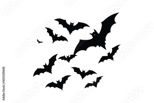 Flock of bats flying silhouette isolated on white background