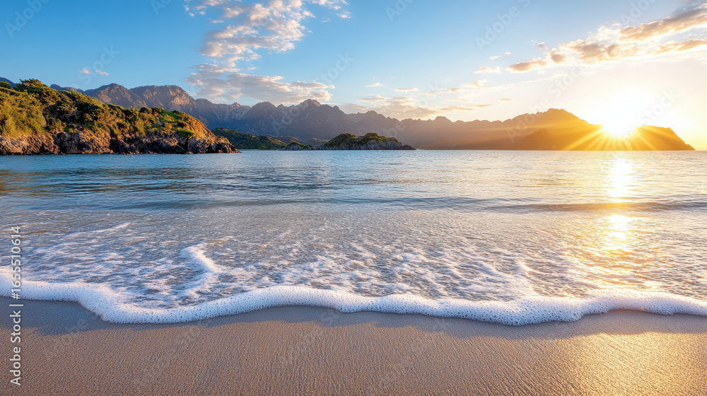 Fototapeta premium Serene beach scene with gentle waves lapping at shore, illuminated by stunning sunset