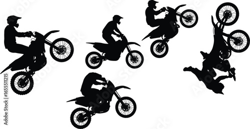 Motocross rider silhouette jumping on dirt bike, extreme sport trick, off-road motorbike stunt, action movement, vector isolated illustration.