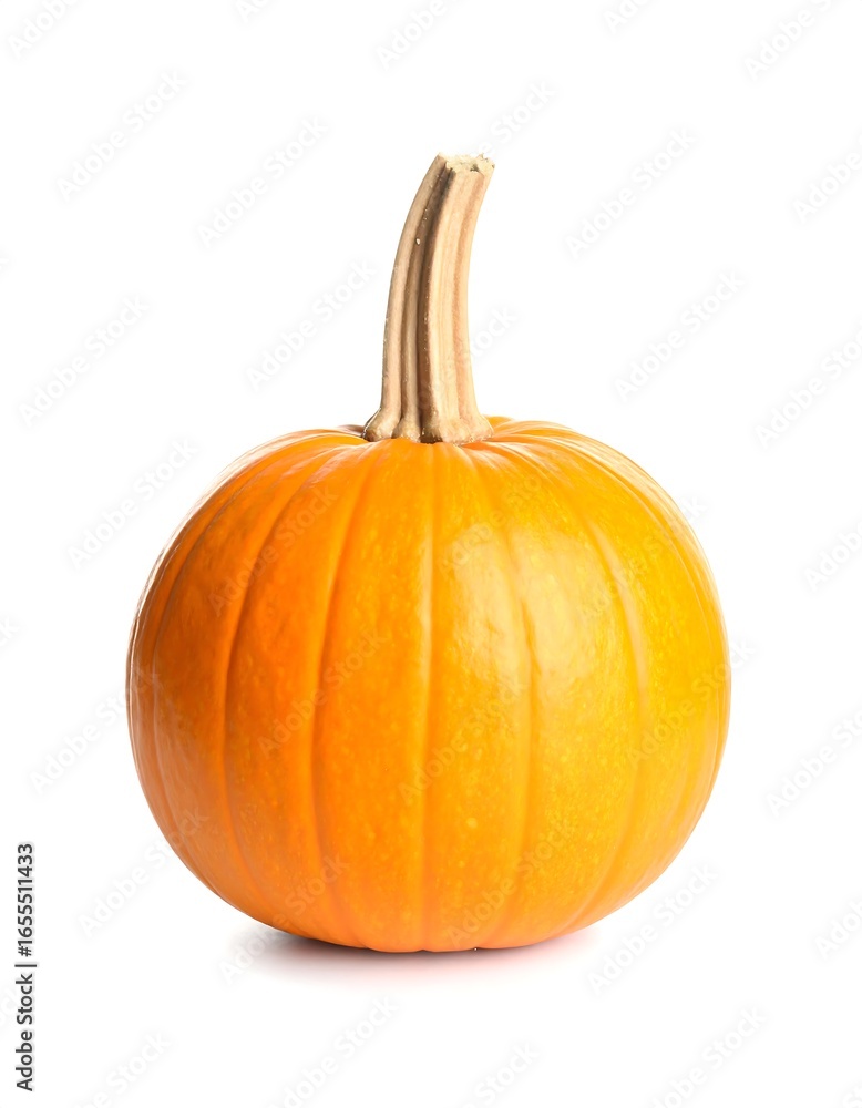 A small, round, orange pumpkin sits on a white background.  Its stem is light brown