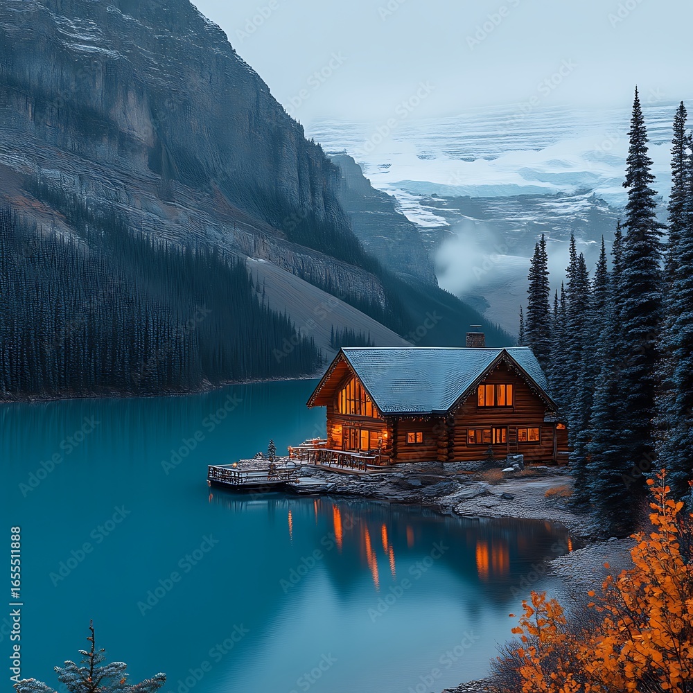 Fototapeta premium A log cabin nestled on a serene lake surrounded by majestic mountains.