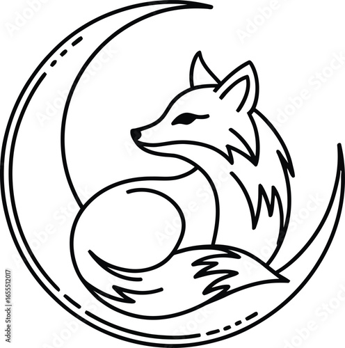 Fox curled up on a crescent moon line art animal wildlife