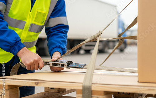 Worker securing cargo on a pallet with straps near a truck, styled to emphasize freight safety, cargo handling, and transport logistics.