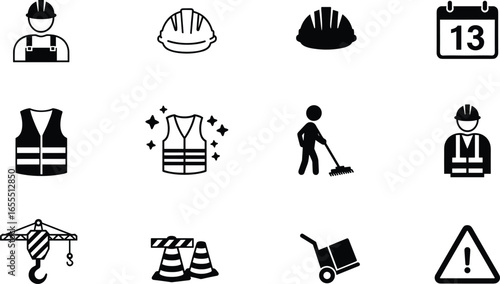 onstruction safety icons set, safety equipment symbols, worker gear, helmet, vest, warning signs, vector illustration for workplace protection.