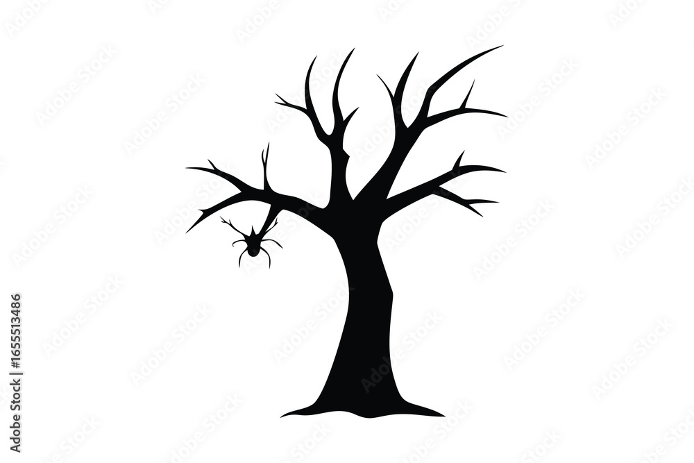 Fototapeta premium Spooky halloween tree with spider silhouette isolated on white background