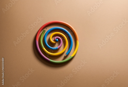 A vibrant, swirling spiral lollipop design with a rainbow of colors pencils