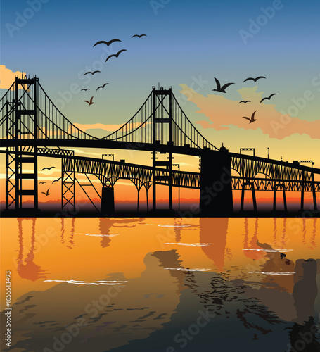 Chesapeake Bay Bridge at sunset vector illustration
