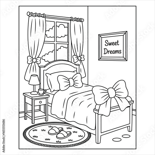 Cute Bedroom Coloring Page with Bed, Curtains, and Sweet Dreams Quote