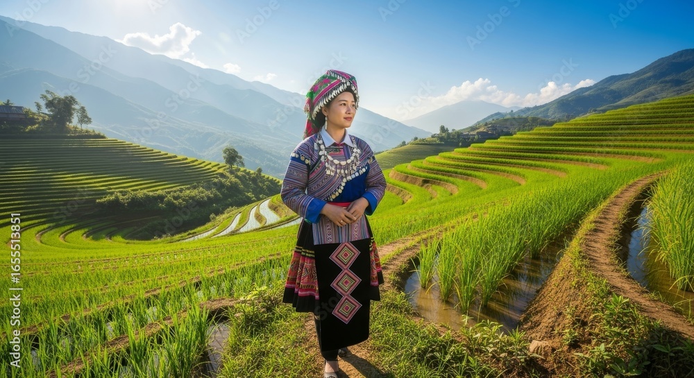 Obraz premium Traditional Woman in Ethnic Attire Surrounded by Rice Terraces