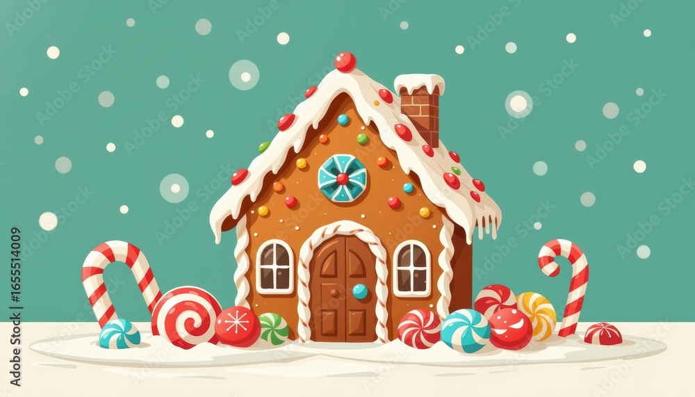 Naklejka premium Gingerbread house decorated with candy in a snowy setting.