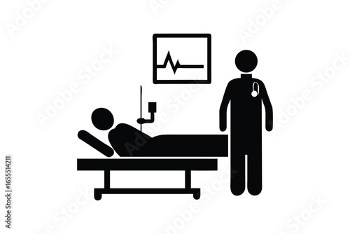 Doctor and patient in hospital room silhouette isolated on white background