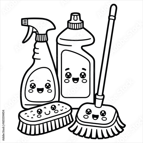 Cute Cleaning Supplies Coloring Page Kawaii Household Items Vector
