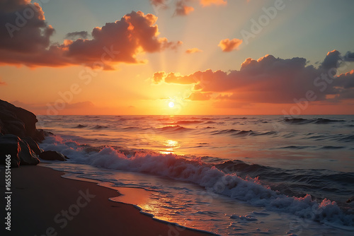 Golden Sunrise Ocean Waves Reflecting the Sky's Fiery Glow
