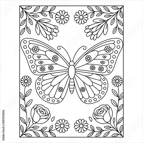 Butterfly with Flowers Coloring Page Vector Line Art Illustration