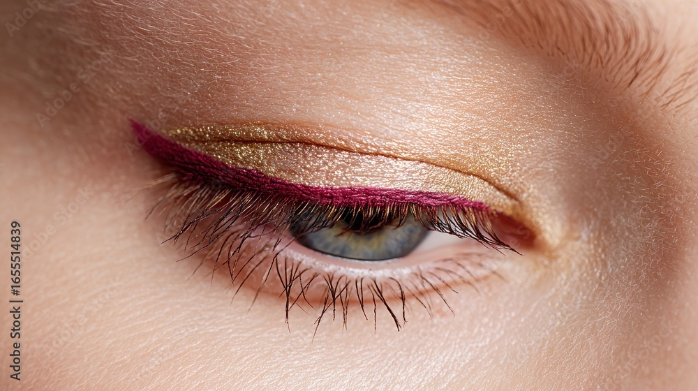 Obraz premium Burgundy winged reverse eyeliner with gold eyeshadow beauty eye makeup closeup macro highlight innercorner cool light neutral copyspace