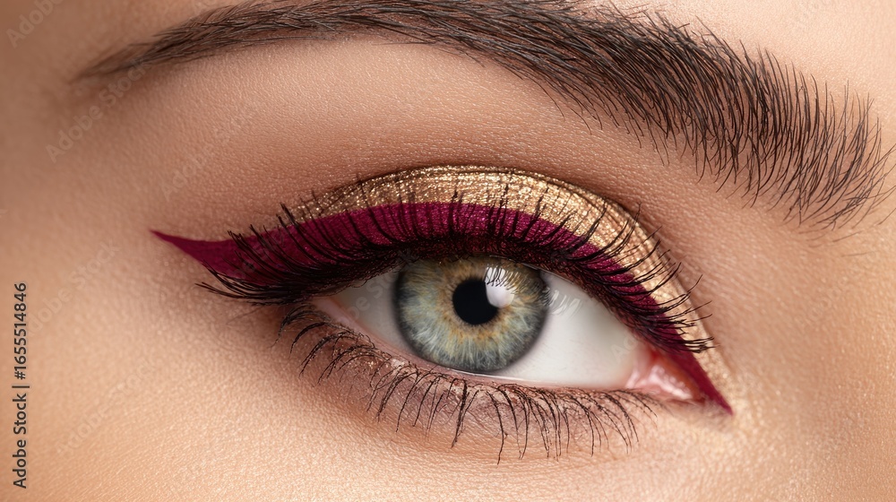 Obraz premium Burgundy winged reverse eyeliner with gold eyeshadow beauty eye makeup closeup macro highlight innercorner cool light neutral copyspace