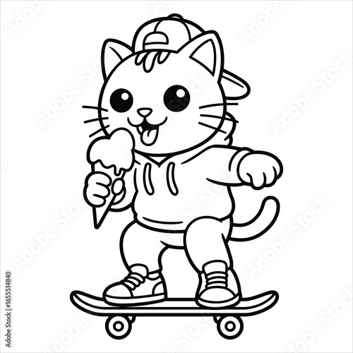 Cute Cat Skateboard Coloring Page Vector – Funny Animal Illustration for Kids