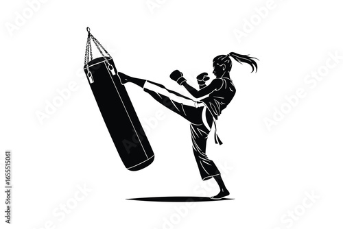 Woman practicing martial arts kicking a punching bag silhouette isolated on white background