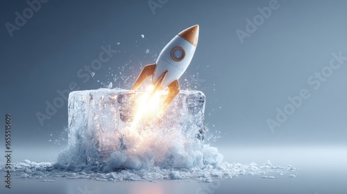 A sleek rocket launches from a block of ice, creating a splash of water, symbolizing innovation and exploration in a futuristic setting.