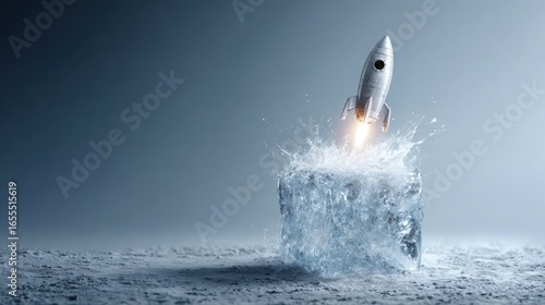A rocket launching from a block of ice, surrounded by splashes of water, creates a surreal and dynamic visual effect.