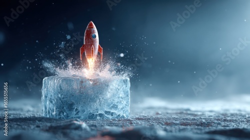 A retro rocket launches from a block of ice, creating a splash, set against a misty, atmospheric background.