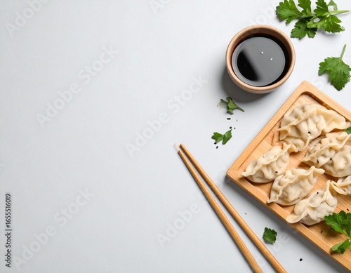 Authentic Asian Dumplings with Soy Sauce and Chopsticks, Top View