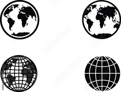 Set of globe icons, earth silhouettes, global world map symbols, vector planet Earth designs for web, app, logo, print use