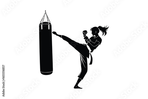 Woman practicing martial arts with a punching bag silhouette isolated on white background