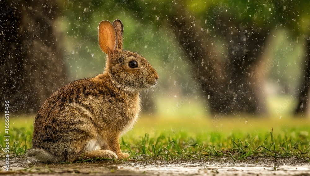 Fototapeta premium A rabbit sits in the grass during a light rain shower.