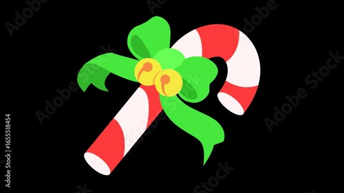 Festive animated Christmas candy cane with a bright green bow and golden bells. High-quality 4K resolution with transparent PNG background, perfect for holiday designs, videos, and decorations.