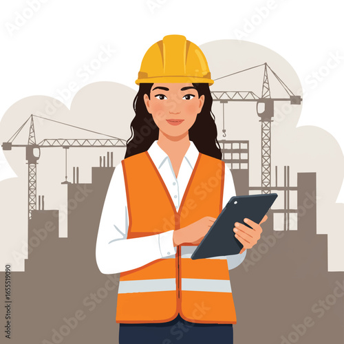 An attractive female construction worker wearing a hard hat and reflective vest uses a tablet on a construction site with cranes and buildings in the background.