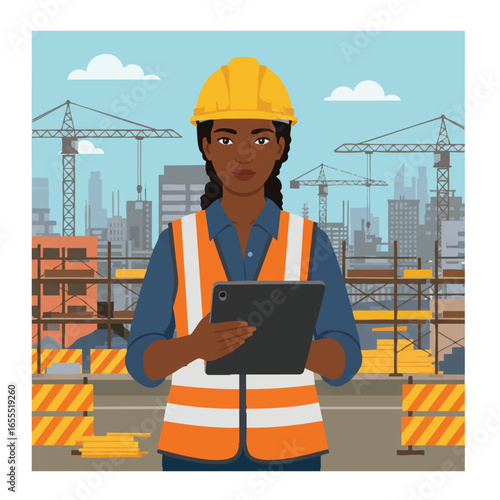 A confident African American female engineer wearing a hard hat and safety vest reviews plans on a tablet at a bustling construction site.