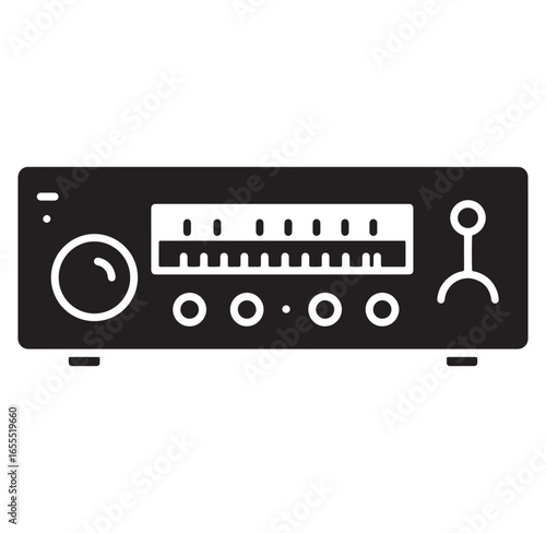 Black and white illustrated graphic of an audio receiver amplifier icon or symbol