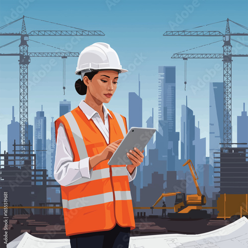 A focused female engineer in a hard hat and safety vest reviews plans on a digital tablet at a busy construction site with a city skyline.
