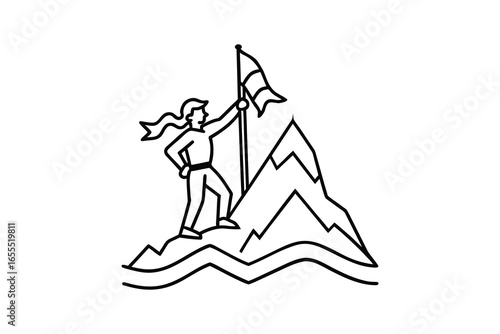 Person raising flag on mountain peak silhouette isolated on white background