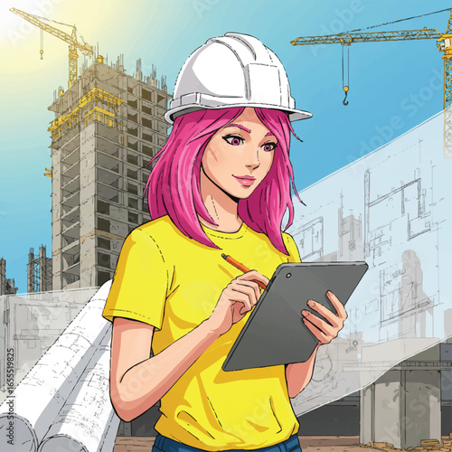 A female construction worker with pink hair, wearing a hard hat, reviews blueprints on a digital tablet at a construction site, overseeing the building's progress.